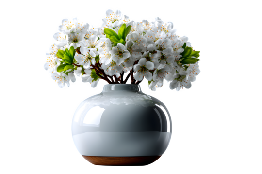Modern white ceramic vase filled with delicate white blooms, realistic drop shadow and clean presentation