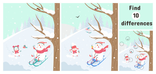 Find differences snowman game. Funny sledding and skiing winter characters. Development educational play for little children, nowaday vector template