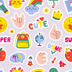 Funny stickers seamless pattern. Childish style print for fabric, planners backdrop, wrapping, website. Modern trendy design, neoteric vector background