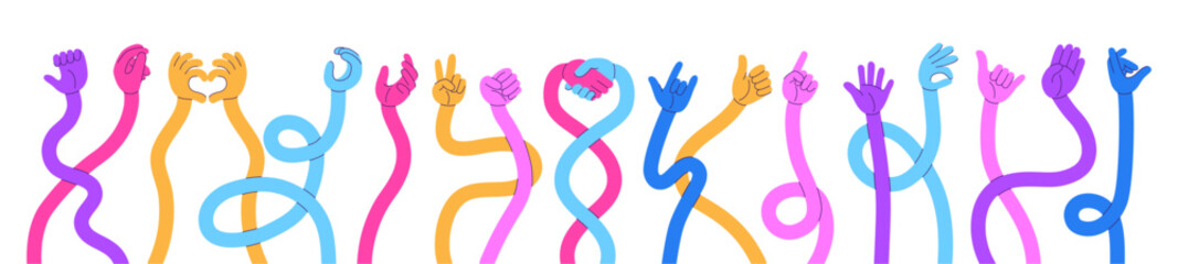 Stretched cartoon hands. Flexible human hand, long arm showing different gestures. Bright comic curved arms, handshake, love symbol, neoteric vector set