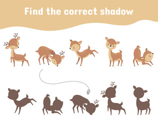 Find correct deer shadow. Children educational game with cute cartoon baby deers. Funny wild animal characters different poses, vector play template