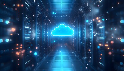 A cloud icon floating above rows of server racks in a data center, with glowing blue lights and soft shadows creating depth. The background is blurred to emphasize the central element.