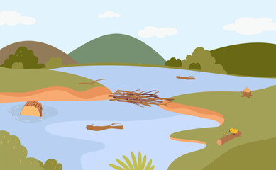 Nature background with lake. Dam on river, green hills in valley landscape. Wooden logs in water and on grass, tree knots, vector illustration © MicroOne