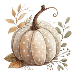 Polka dot pumpkin with leaves isolated on transparent background