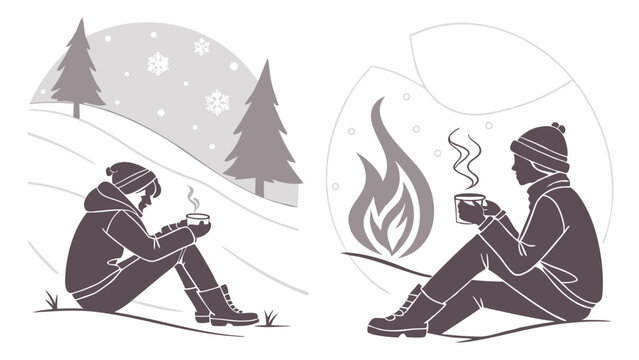 Cartoon vector illustration of a man and a girl skiing in the winter snow
