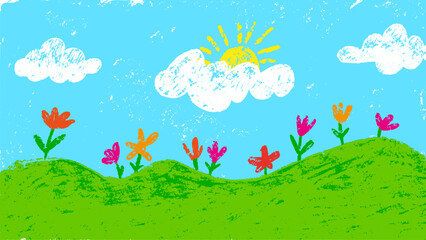 Color pencil nature landscape. Children crayon drawing style illustration. Green meadow, white clouds, sun and flowers. Neoteric vector scene