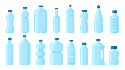 Cartoon empty plastic bottles. Containers for liquids, drinking and technical water. Aqua packaging shapes, beverages package, neoteric vector set