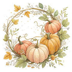 Pumpkin fall wreath watercolor isolated on transparent background