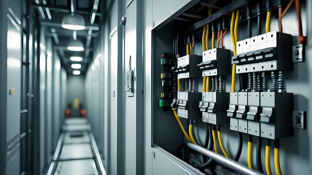 Industrial Electrical Control Room with Circuit Breakers and Colorful Cables Inside Modern Power Distribution Facility

