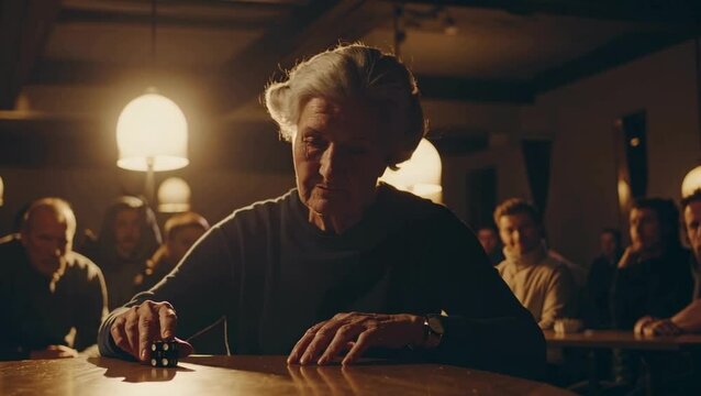 Senior woman rolling dice at table in warm vintage setting, elderly game night concept