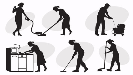 Obraz premium Black White Silhouette Illustrations People Cleaning Vacuuming Sweeping Mopping