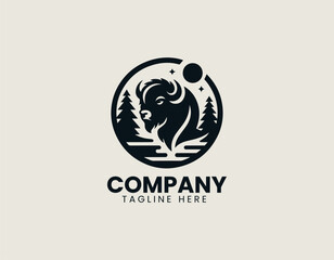 Bison head vector logo illustration depicting strong majestic animal silhouette inside circular emblem