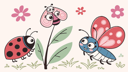Obraz premium Cute Cartoon Insects Ladybug Butterfly Bee on Flower Nature Spring Summer Garden Illustration for Kids