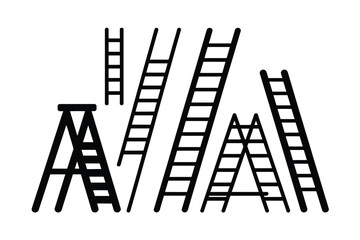 Collection of Various Black Ladders and Step Ladders