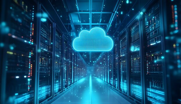 A cloud icon floating above rows of server racks in a data center, with glowing blue lights and soft shadows creating depth. The background is blurred to emphasize the central element.