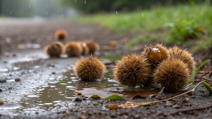 Brown sycamore seed balls covered in fine hairs, lying on wet ground after rain