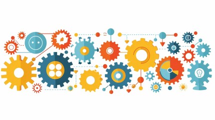 Abstract illustration of gears, connecting elements, and teamwork, representing business process, innovation, and technology