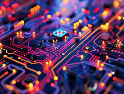 Abstract futuristic circuit board illustration, glowing network of digital connections and data transmission, concept of technology