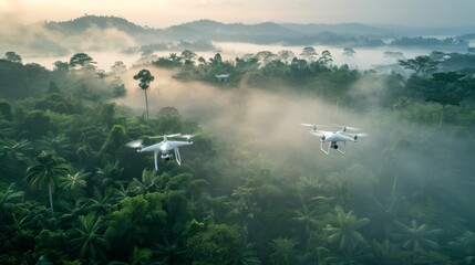 Fototapeta premium Aerial drone view over lush rainforest landscape with fog, showcasing technology and environmental exploration.