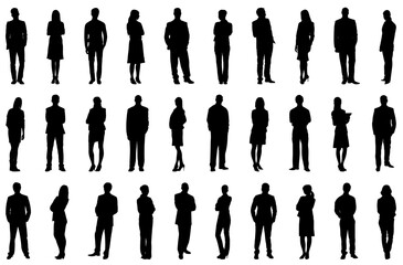 Vector detailed silhouettes set of standing people male and female full body front view with body gesture isolated on white background. Crowd, group of people vector illustration