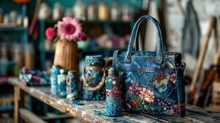 Bohemian Embroidered Denim Bag and Decorative Jars with Pink Flowers on a Rustic Wooden Table, Arts and Crafts