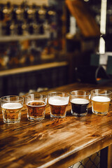 Variety of Craft Beers Sets Displayed on Wooden Bar Counter in Pub Setting