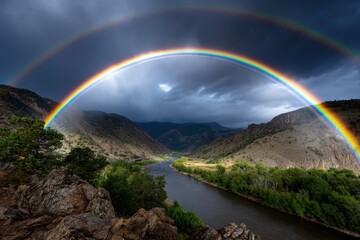 Colorful rainbow arches over a river valley amidst dramatic storm clouds in the mountains