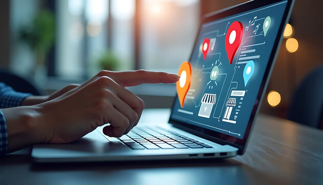 man using a laptop computer | A person interacts with a laptop displaying map graphics and location pins, symbolizing navigation or business planning