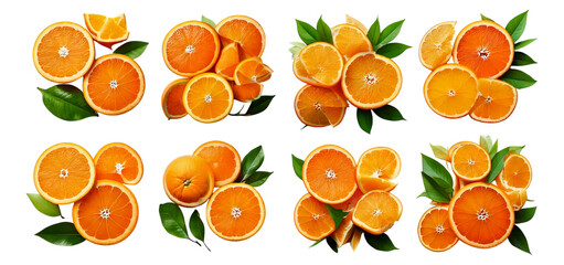 Fresh and Juicy Orange Slices with Green Leaves on Dark Background, Isolated on Transparent, white background