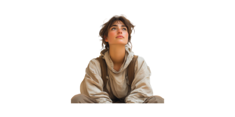 Young Woman In Casual Attire Looking Upward. Contemplation And Thoughtfulness Isolated On Transparent Background