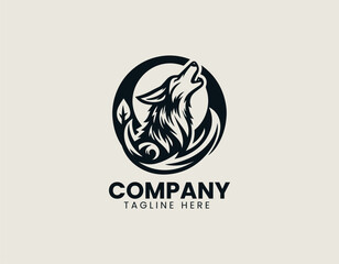 Fototapeta premium Howling wolf profile vector logo featuring geometric muzzle above stylized moon shape for adventure vibe