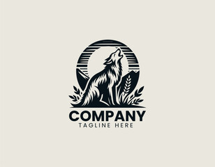 Obraz premium Howling wolf profile vector logo featuring geometric muzzle above stylized moon shape for adventure vibe