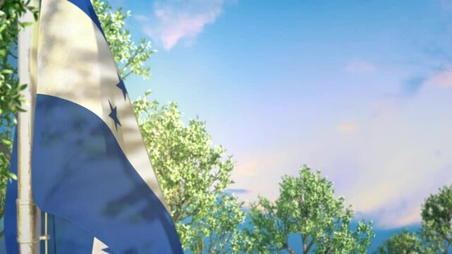 Waving flag of Honduras on forest and blue sky backdrop