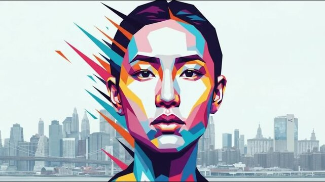 Colorful geometric portrait of a person with a city skyline in the background art illustration