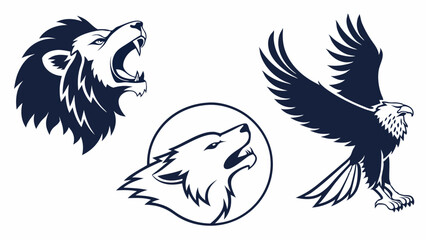 Naklejka premium Roaring Lion Head Howling Wolf Circle Flying Eagle Vector Illustrations Set