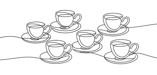 Continuous Line Art of Coffee Cups and Saucers