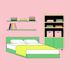 Tidy bedroom with made bed and shelves full of books and clothes. Neat bedroom interior design with minimalist furniture and pastel colors. Stylish bedroom concept for home decor blogs and magazines.