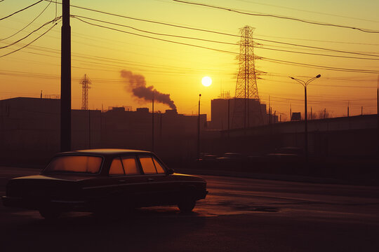 Fototapeta A vintage car driving on a city street during sunset, with power lines, industrial buildings, and smoke in the background.