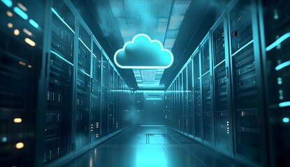 A cloud icon floating above rows of server racks in a data center, with glowing blue lights and soft shadows creating depth. The background is blurred to emphasize the central element.