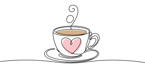 One Line Drawing of a Coffee Cup with Heart