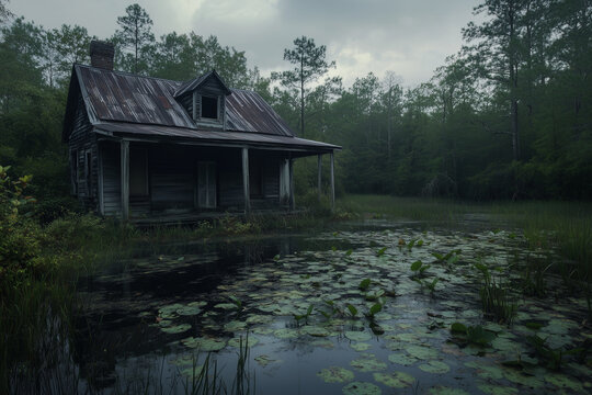 An old, weathered wooden house with a rusted metal roof sits beside a pond with lily pads, surrounded by dense trees under a cloudy sky.