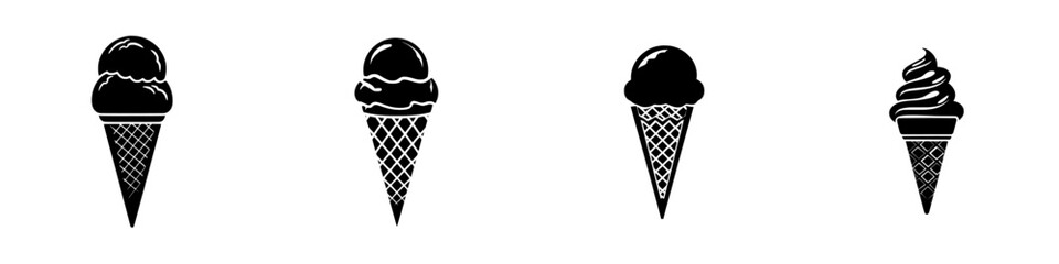 A minimalist summer design element featuring a black silhouette of an ice cream icon on a white background, with a single ice ball in a waffle cone presented in a segmented stencil style