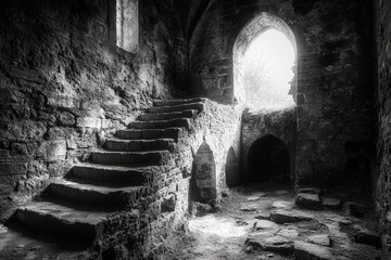 Fototapeta premium Interior view of ancient stone ruins with a staircase and arched window in black and white