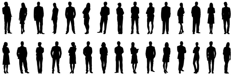 Vector detailed silhouettes set of standing people male and female full body front view with body gesture isolated on white background. Crowd, group of people vector illustration