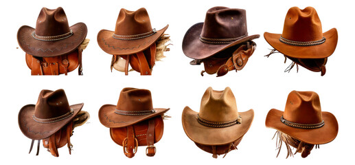 Assortment of Distinct Cowboy Hats on Display in Various Styles, Isolated on Transparent, white background