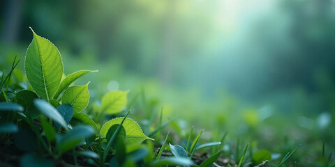 Fresh green vegetation, leaves close-up on blurred background, spring nature. Copy space.