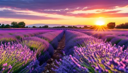 Obraz premium Lavender Fields at Sunset A Breathtaking Landscape of Purple Blooms and Golden Light in Provence France during Summer