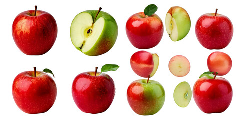 Fresh Red and Green Apples Cut and Whole on a White Background, Isolated on Transparent, white background
