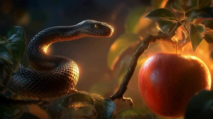 Serpent in the Garden of Eden, a close-up of a snake coiled around a vibrant red apple, illuminated by soft light, evoking themes of temptation and knowledge. From the book of Genesis.