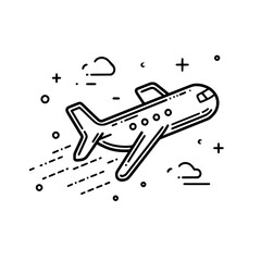 Airplane line path travel icon is a modern illustration isolated on white background, characterized by an airplane location path in dotted line and airplane routes in dashed line